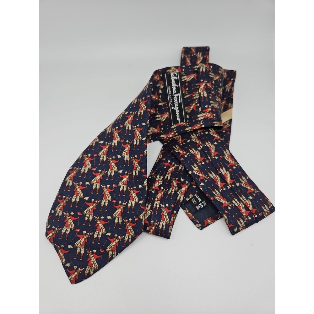 SALVATORE FERRAGAMO Silk Tie Navy Blue Red  Golf Golf Player Country Club